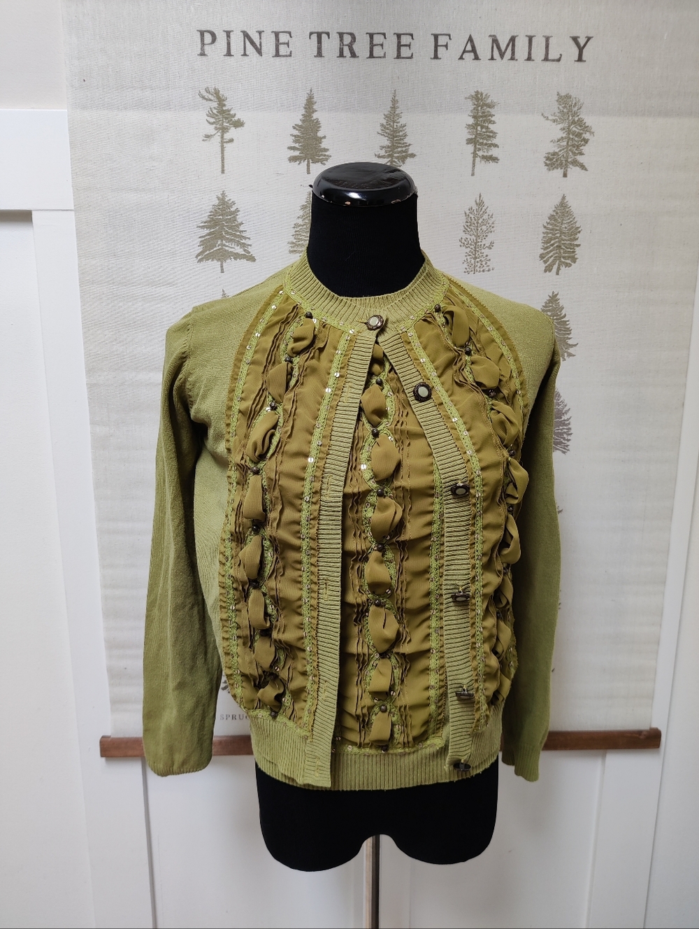 Vintage Spanner Green Twinset Cardigan & Tank Top Embellished Ruffle Size Small